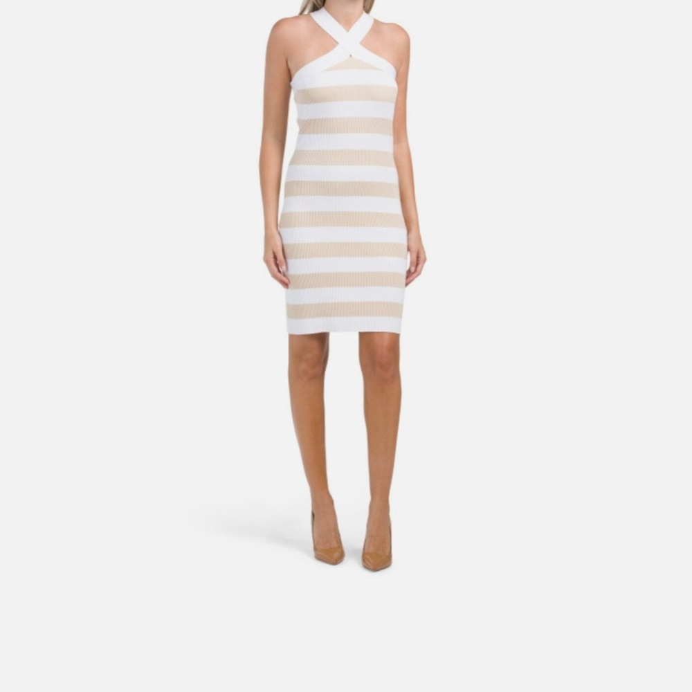 HOUSE OF HARLOW-Striped Crossover Halter Ribbed Dress